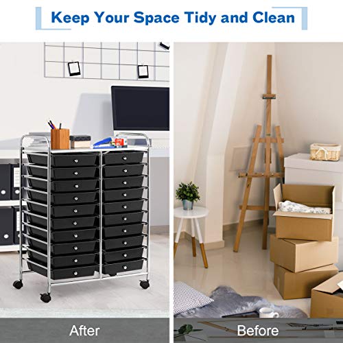 20-Drawer Rolling Storage Cart, Art Cart Organizer on Wheels, Metal Frame and Removable Drawers, Multipurpose Mobile Utility Cart for Classroom, Office, School, Home (Black)