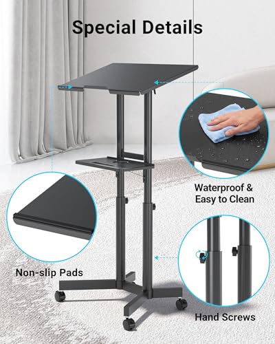 BONTEC Lecterns & Podiums Portable Mobile Standing Laptop Desk, Height Adjustable, Sit Stand, Home Office Classroom Pulpit Stand Up Desk Workstation, Rolling Table Laptop Cart with Storage Tray, White - color: Black