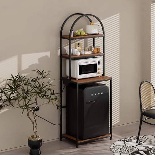 Arched Metal Mini Fridge Stand with Power Outlet and Wheels, Black | 4-Tier Microwave Organizer Stand and Mini Fridge Shelf with Storage for Kitchen, Dorm, Living Room and Small Space