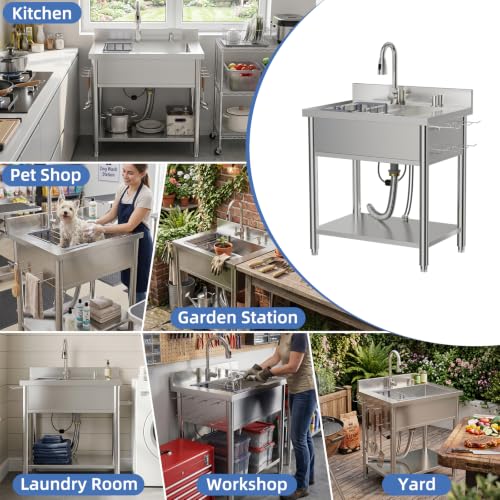 Stainless Steel Utility Sink, 29.5" Single Bowl Freestanding Laundry Sink with 360° Hot & Cold Water Faucet, Hoses & Drain Kit, Outdoor/Indoor Commercial Sink for Kitchens, Garage, Laundry Room - size: 29.54" x 19.7" x 35.2"