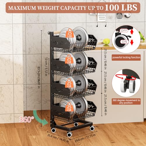 4-Tier Kitchen Snack Cart with Wheels,Height-Adjustable,Upgraded Wider and Thicker, Multi-Purpose Rolling Storage Cart for for Kitchen, Dining Room, Bathroom, Laundry Room, Office - color: Black-adjustable