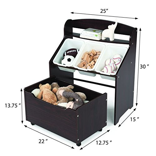 Humble Crew 3-in-1 Kids Bookshelf and Toy Storage Organizer, Espresso - Toddler Organizers with Rolling Toy Box and 3 Plastic Bins – Sturdy Baby Book Shelf, Perfect for Nursery and Playroom