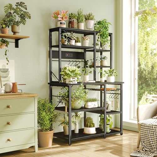 SUPERJARE Large Bakers Rack with Power Outlets, 6-Tier Microwave Stand, Coffee Bar with 12 S-Shaped Hooks, Kitchen Shelf with Wire Basket, 39.4 x 14.6 x 66.9 Inches, Black - color: Black, size: 39.4inch