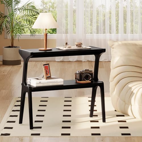 Solid Wood End Table, 2-Tier Side Table with Storage Shelf, Wooden Modern Accent Slim Bedside Table for Sofa, Living Room, Bedroom, Small Space, Easy Assembly, Black - color: Black
