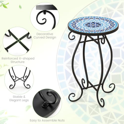 Giantex Outdoor Side Table, Mosaic Patio Table, 12inch Accent Table Plant Stand Indoor, Mosaic Ceramic Tile Top Metal Frame, Small End Table Porch Beach Patio Garden Balcony Poolside - style: Ocean