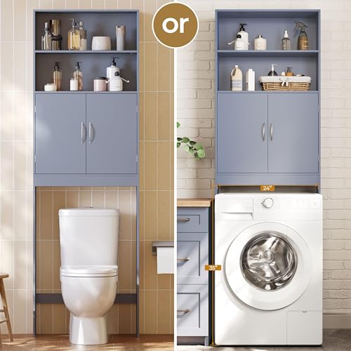 Yaheetech 77'' H Over the Toilet Storage Cabinet, Bathroom Organizer, Gray | Freestanding Cabinet with Adjustable Shelf for Small Space, Slim 8'' Depth, 2 Doors Hide Clutter, Anti-Tip Kit Included