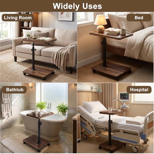 Simcat C Table End Table Adjustable Height, 360° Swivel TV Tray Table for Small Spaces, Couch Tables that Slide Under, C Shaped End Tables with Wheels for Couch Living Room Bedside TV(Walnut) - color: Walnut