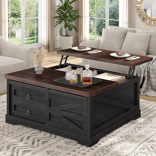 Itaar 39.4'' Lift Top Coffee Table with Storage, Farmhouse Coffee Tables for Living Room, Square Coffee Table with Large Hidden Compartment & 2 Drawers & Adjustable Shelves, Black+Walnut - color: Black+walnut