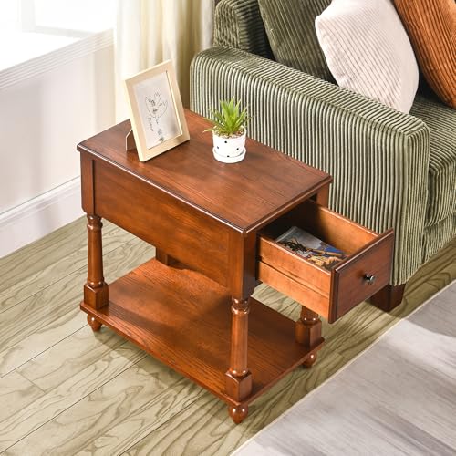 Narrow End Table with Drawer and Open Storage Shelf, Solid Wood Sofa Side Table for Living Room, Beside Table,Telephone Table for Small Spaces, No-Tools Assembly Caramel Brown BBJ004DR - color: Caramel Brown