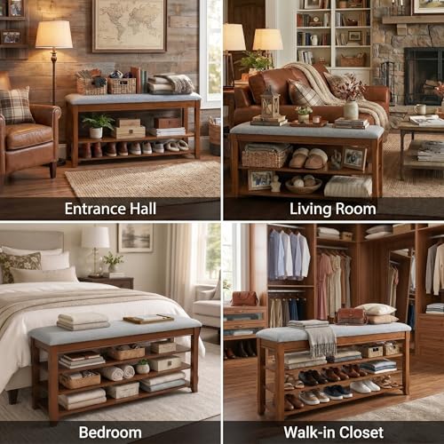 Solid Wood Shoe Bench, 47.2'' Shoe Rack for Entryway Storage | 550 lbs Max Load, Flip-Top Soft-Close Lid, Adjustable Shelves, Cushioned Entryway Shoe Rack Organizer, Tool-free Assembly - size: 47.2''