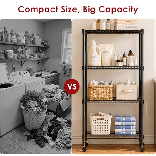 Simple Deluxe 4-Tier Heavy Duty Adjustable Storage Shelf with Wheels, 23.23”W x 17.63”D x 47.24”H, Wide Mobile Metal Shelving Unit, Easy Assembly for Living Room, Office,Black - size: 4-Tier, 23.23”W x 17.63”D x 47.24”H, style: 1 Pack