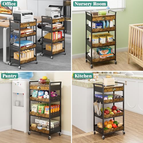 Giwil 4-Tier Rolling Storage Cart with Drawer, Small Coffee Bar with Wooden Top, Art Cart Organizer on Wheels, Metal Utility Cart for Crafts Paints Makeup Snacks Fruits, Black - size: 4 Tier/Drawer