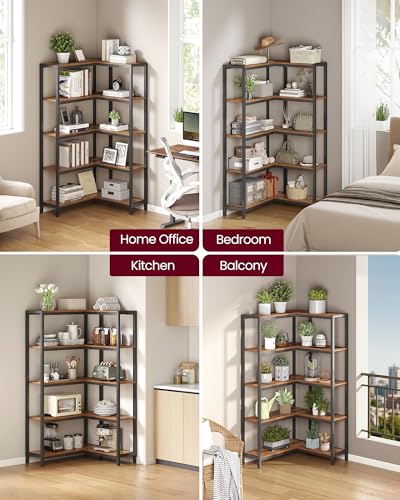 VASAGLE 5 Tier Bookshelf with Metal Frame, Convertible Industrial Corner Shelf, 9.4 x 40.2 x 55.9 Inches, for Living Room, Bedroom, Home Office, Rustic Brown and Ink Black ULLS605KD01 - size: 5 Tiers (40.2"W)
