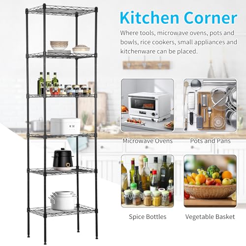 BLKMTY Tall Shelves, 6 Tier Wire Shelving, Narrow Storage Metal Shelf, Standing Shelf Units, Adjustable Garage Shelving, 12" D x 17" W x 64" H, 600lbs Capacity, Commercial Shelves, Black - color: Black, size: 6 Tire: 11.8" D x 16.7" W x 63.6" H