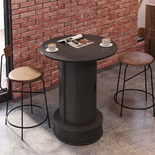 Round Bar Table with 2-Tier Hidden Storage, 38.1" H Wood High Top Table, Bistro Pub Table with Footrest, Cocktail Tables for Coffee Bar, Kitchen Dining Room, Small Space (Black) - color: Black