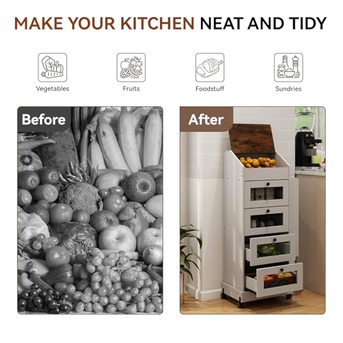 ARTETHYS Potato Storage Bin 5-Tier Rolling White Bread Box with Side Rack | Onion Keeper with Spice Rack on Wheels, Movable Fruit & Vegetable Container with 4 Ventilated Drawers for Kitchen - color: White