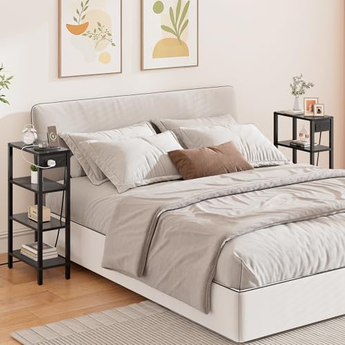 TUTOTAK Narrow Side Table Set of 2, Small End Table with Charging Station | 4-Tier Skinny Sofa Table, Slim Nightstand, Easy Assembly for Living Room, Bedroom, Black TB01BK0802 - color: Black, size: 4-tier