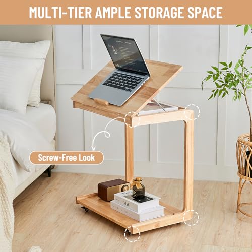 Uniclinens Couch Tables that Slide Under - Rolling Side Table C Shape, Wooden Slim Sofa Desk with Wheels, Small TV Tray for Laptop Multi-Purpose Living Room Bedroom, Natural - color: Natural, style: Style 3