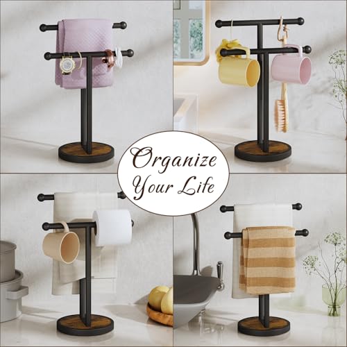 YINMIT Hand Towel Stand with Heavy Wood Base, Free Standing Towel Rack Double T-Shape Hand Towel Holder for Bathroom, Countertop Towel Holder for Bathroom, Kitchen, Countertop Vanity - color: Rustic Brown 2 Tier