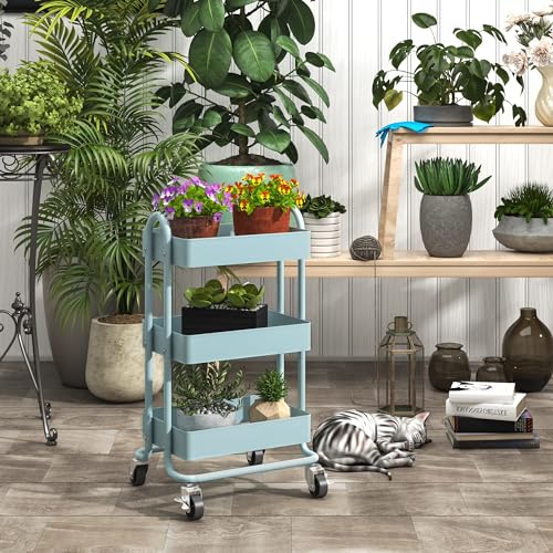 Metal Rolling Cart,3-Tier Metal Rolling Cart with Wheels,3 Tier Utility Cart with Wheels for Office,Home,Kitchen,Garden๏ผ13.4"x18.1"x31"๏ผ Blue - color: Blue, size: 31"H