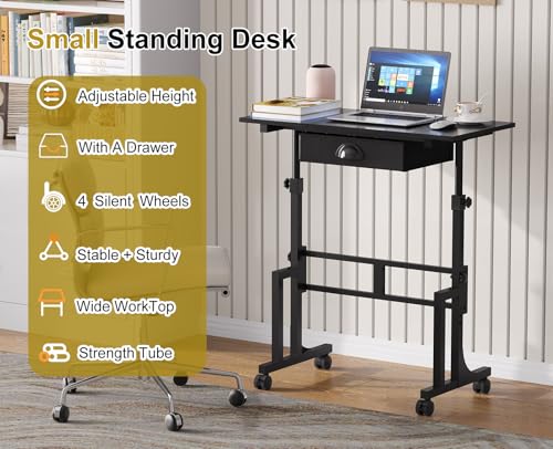 Adjustable Height Standing Desk With Drawer, Rolling Sit Stand Up Desk With Wheels, Small Sit To Stand Computer Desk, Adjustable Desktop Height, On Wheels, Black, For Walking Pad Laptop Treadmill - color: Black, size: With Drawer