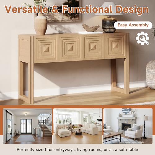 LKTART 55" Carved Console Table with 3 Soft-Close Drawers, Entryway Sofa Table with Fluted Leg,Solid Wood Accent Table for Living Room Hallway,Light Brown - color: Light Brown