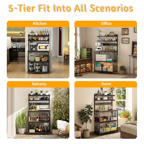 METYERRY Adjustable Bakers Rack with Power Outlet,Coffee Bar Station with Led Lights,Microwave Stand with Storage,5-Tier Kitchen Shelf,Kitchen Storage Rack for Spices, Pots and Pans,Black - color: Black
