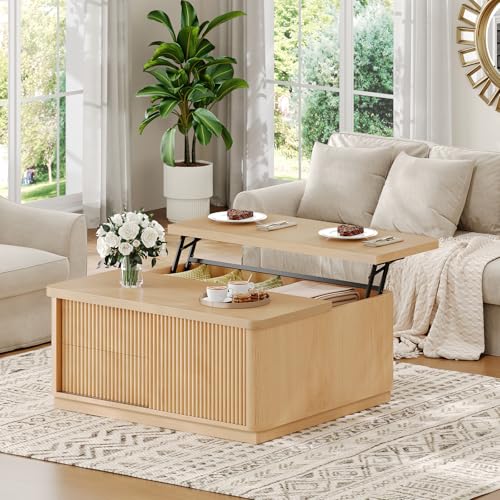 Itaar 39.4'' Lift Top Coffee Table with Storage, Fluted Coffee Tables for Living Room, Square Coffee Table with Large Hidden Compartment & 2 Drawrs & Adjustables Shelves, Oak - color: Oak
