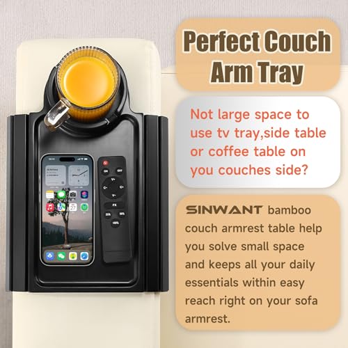 Couch Cup Holder Tray,Foldable Sofa Arm Clip on Tray Table with 360° Rotation Cup Holder,Bamboo Anti-Slip Couch Armrest Table for Coffee Cup,Water Bottles,Mug,Snacks,Remote on Large Armrest - color: Black