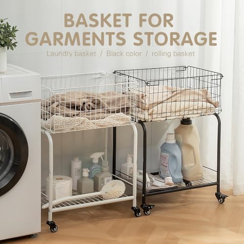 Rolling Laundry Basket with Wheels, 31" Height Heavy Duty 2-Tier Metal Wire Laundry Cart, Foldable Hamper with Industrial Wheels & Brakes for Clothes, Bedroom, Dorm, Apartment, Black - color: black