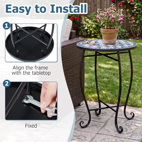 Giantex Outdoor Side Table, Floral Clover Mosaic Patio Accent Table, 14" Coffee End Table, Indoor Outdoor Metal Plant Stand for Porch Garden Balcony Desk, Metal Cobalt Glass Top - style: Floral Clover