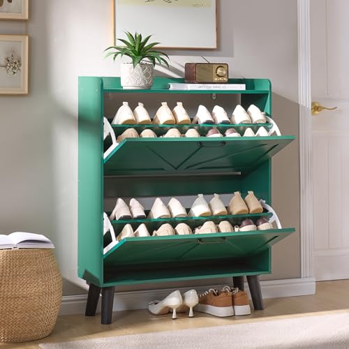 LEYAOYAO Shoe Cabinet Storage for Entryway with 2 Flip Drawers Rack Narrow Organizer Slim Hidden Wood Shoe Cabinet Furniture Green - color: Green