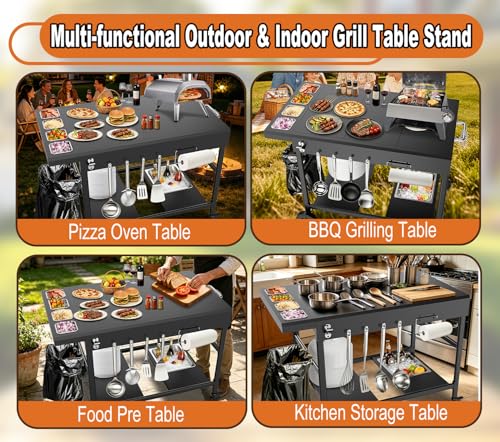 Outdoor Pizza Oven Table with Topping Station | Propane Tank Stand, Beverage Storage Tray, Seasoning Boxs, 4 Wheels, Hooks, Pizza Oven Table for Patio, Kitchen, Backyard