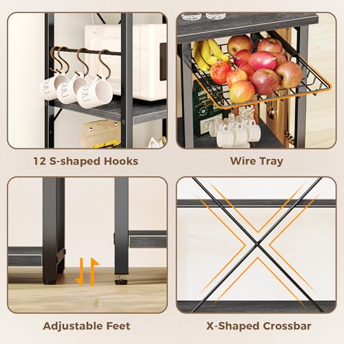 SUPERJARE Larger Bakers Rack with Power Outlets, 6-Tier Microwave Stand, Coffee Bar with 12 S-Shaped Hooks, Kitchen Shelf with Wire Basket, 47.2 x 15.5X 66.9 Inches, Grey - color: Charcoal Gray, size: 47.2inch