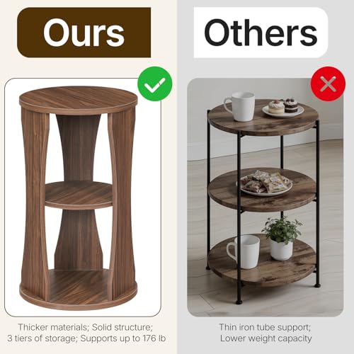 YATINEY Round Side Table, 3-Tier Small End Table with Storage Shelves, Wooden Accent Table for Living Room, Bedroom, Walnut ET15WL - color: Walnut