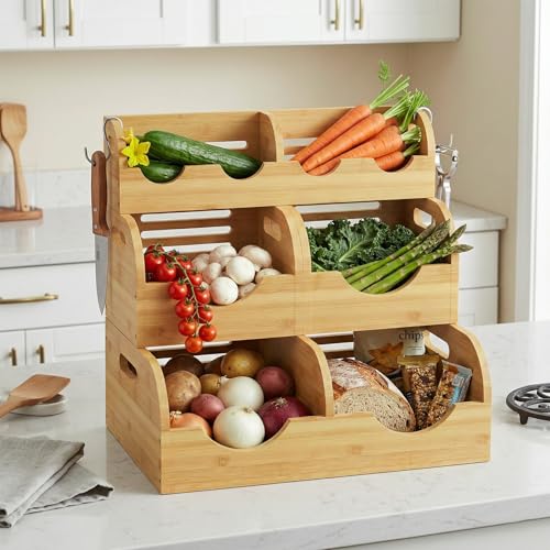 Upgraded 3 Tier Bamboo Pantry Storage Bins,Large potato storage | With 2 Banana Hangers,Stackable Potato and Onion Storage Bin with Airflow Vent,Vegetable Storage,for Kitchen Countertop