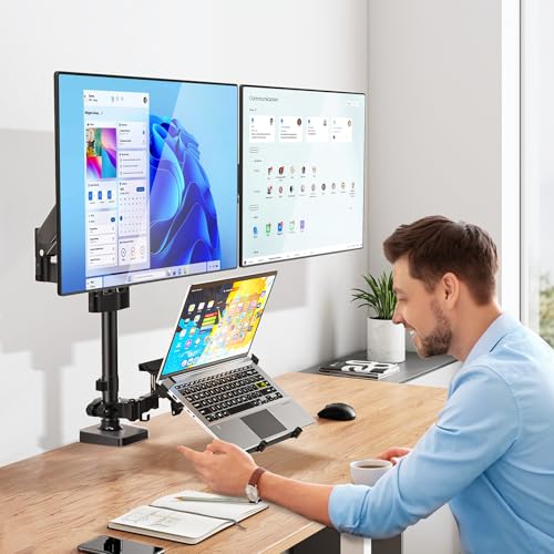 WALI Triple Arm Laptop and Dual Monitor Desk Mount for 17" Notebook and Up to 32" Screens, Adjustable Monitor Arms with Tilt Swivel Rotation, VESA 75x75 100x100, Black (GSDM003LP) - size: Triple, style: Fully Adjustable Desk Mount