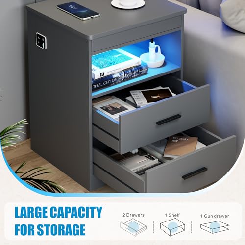 LED Night Stand with Gun Drawer, Bedside Table with Charger Station & Human Sensor Light, Modern End Table with Drawers for Bedroom Office, Grey - color: Dark Grey