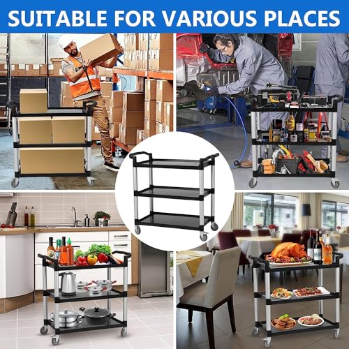 Utility Service Cart 3 Shelf with Wheel, Plastic Heavy Duty 3-Tier Rolling Utility/Push Food Service Cart for Office, Warehouse, Garage, Restaurant, Cleaning, 360lbs Capacity, Black