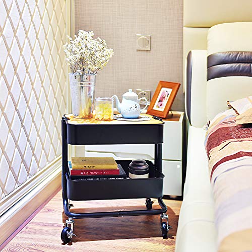2-Tier Metal Utility Rolling Cart Storage Side End Table with Cover Board for Office Home Kitchen Organization, Black - color: A- Black