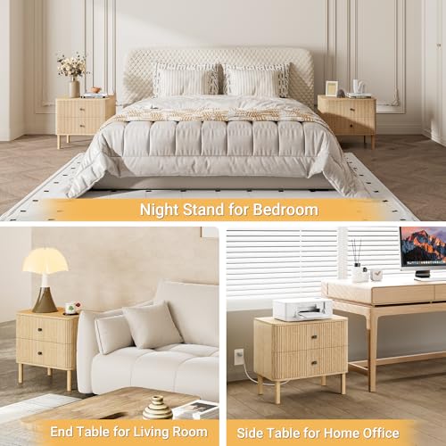 23" Fluted Nightstand with Soft Rounded Drawer Fronts & Solid Wood Cylindrical Legs, 2 Drawer Night Stand with Charging Station,End Table w/Metal Knobs,Bedside Table for Bedroom,Natural Oak - color: Natural Oak - Rounded Drawer, size: 23"W