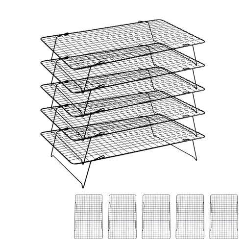 Cooling Rack 16"x10", 5-Tier Stackable & Collapsible Cooling Racks | Cooling Racks for Cooking and Baking, Roasting, Grilling, Oven & Dishwasher Safe (Black, 5-Tier) - color: Black, size: 5-Tier