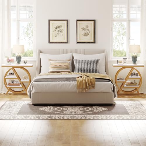 Tribesigns End Table for Living Room, 3-Tier Faux Marble Side Table with Storage, Wood Narrow Sofa Side Table with Geometric Metal Frame, Modern Nightstand and Bedside Table for Bedroom, Gold & White - color: White & Gold