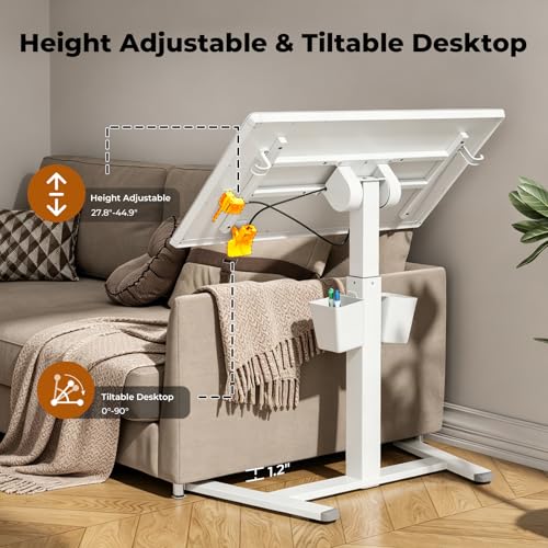 35" Glass Mobile Standing Desk with 90° Tilt, Rolling Whiteboard on Wheels | Height Adjustable Portable Drafting Table with Storage, Small Foldable Laptop Desk for School Home Office, White