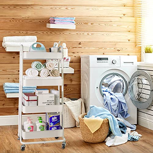 elabo 4-Tier Metal Mesh Utility Rolling Cart, Storage Organizer Trolley Services Cart with Lockable Wheels for Kitchen, Bathroom, Living Room (White) - color: White