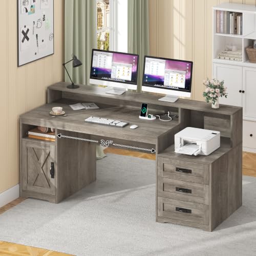 65" Farmhouse Computer Desk with Drawers and Printer Stand for Home Office | Office Desk with Power Outlets and Storage Cabinet, Study Writing Desks with Long Monitor Stand, Grey - color: Grey