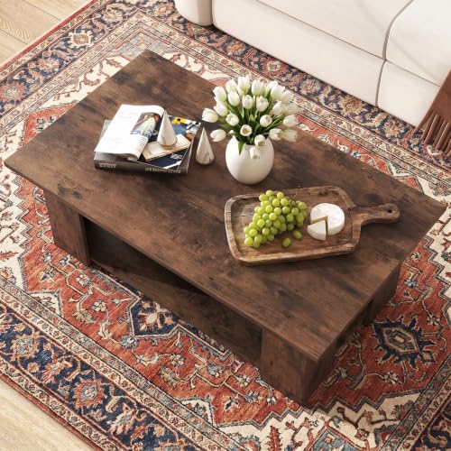 POWERSTONE 41 Inch 2-Tier Coffee Table with Storage Shelf, Wood Farmhouse Center Table with L Legs & Extra Bottom Support for Living Room, Rustic Brown - color: Rustic Brown