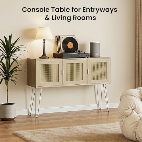 Netstar 47" Entryway Console Table with Storage, Rattan Cabinet Hallway Table with 3 Doors, Farmhouse Sofa Couch Table for Living Room, Foyer, Anti-Tip, Natural