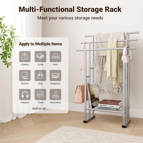ELYKEN 3 Tier Standing Towel Rack, 40'' Tall Towel Drying Rack Outdoor, Freestanding Floor Towel Rack with Shelf, Pool Towel Blanket Stand, Metal Towel Racks for Bathroom freestanding, Smooth Silver - color: Silver