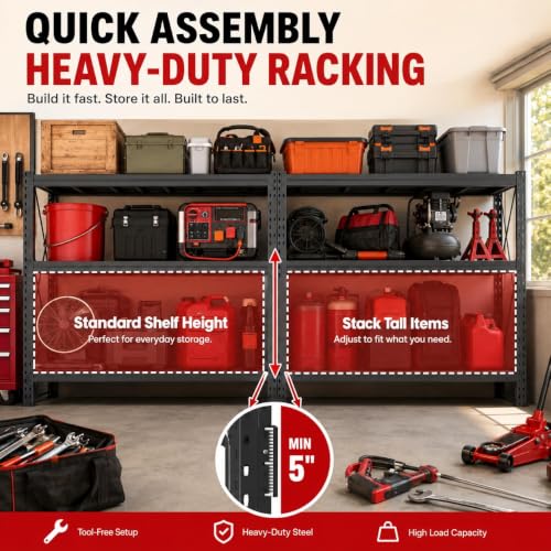 67" W Heavy Duty Garage Shelving, 6000 LBS Metal Storage Shelves with Anti-Fall Rails, 3-Tier Adjustable Storage Rack for Garage, Warehouse, Basement, Study Room - size: Reinforced 67"Wx 20"Dx 63"H